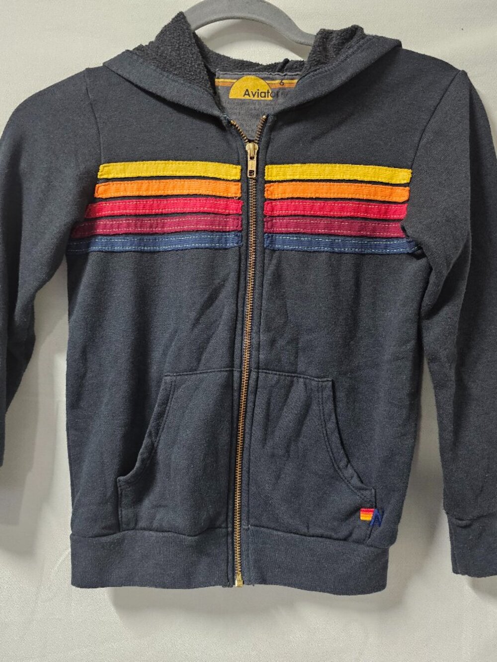 Aviator Nation Kids 5 Stripe Zip Hoodie Size 6 Dark Gray